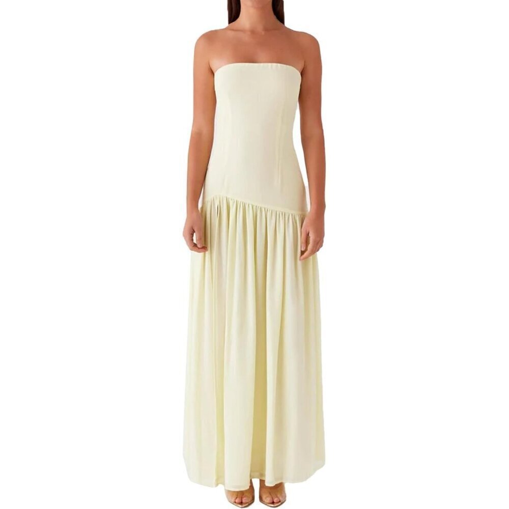 Women Strapless Tube Top Tiger Stripe Yellow Maxi Dress Sexy High Party Dress